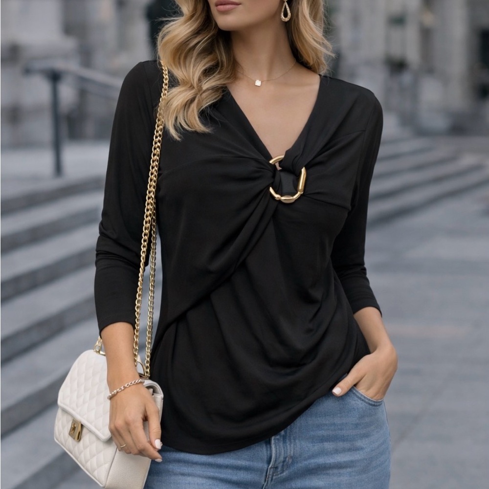 Classic Black Twist-Front Blouse with Gold Ring Detail